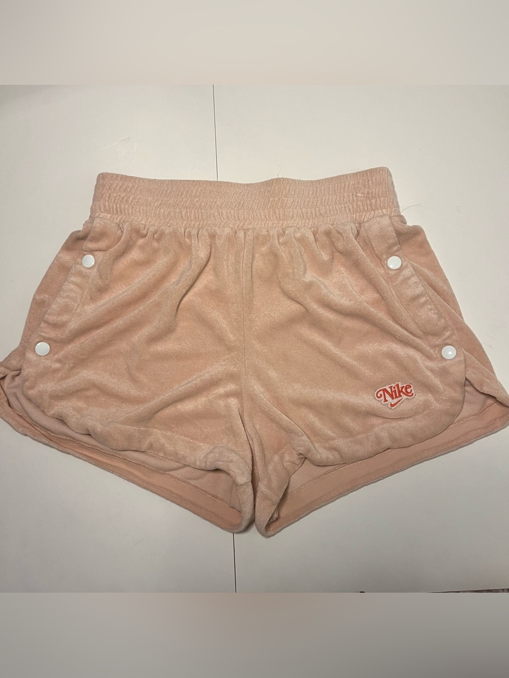 Nike Retro Velour Snap Button Side Shorts Pink Beige Cursive Logo S